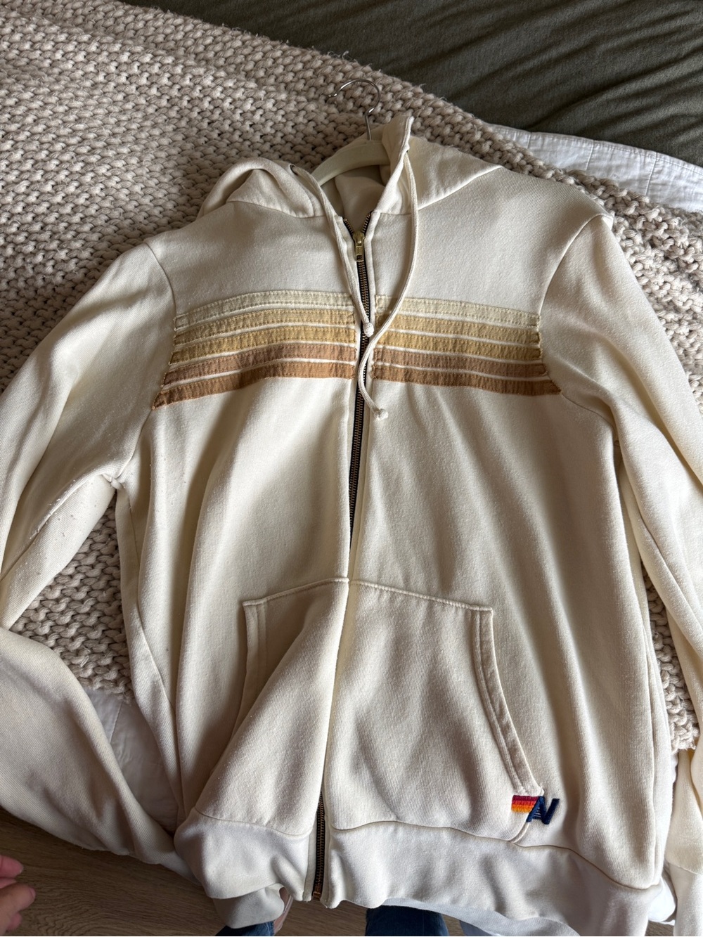 Aviator Nation Cream Zip Hoodie with Neutral Striped Chest Detail